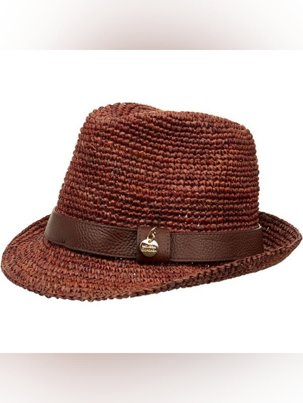 Melissa Odabash Cameron Panama Hat Brown Raffia Leather Strap Detail Band